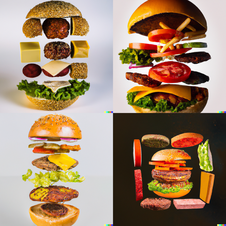 A Hamburger in the shape of five dimensions, professional food photography (DALL-E 2)