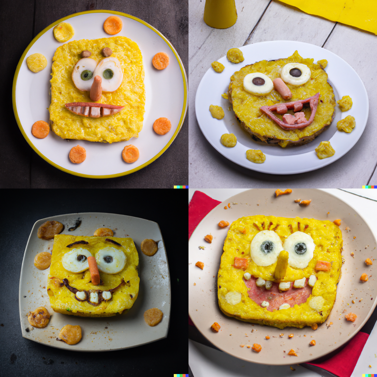 A Spongebob Squarepants scrambled eggs dish that resembles Spongebob Squarepants, professional food photography (DALL-E 2)