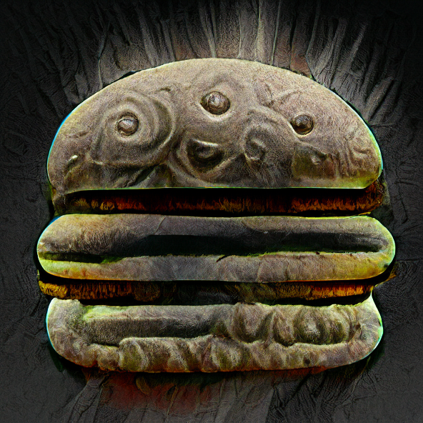 hamburger of the Old Gods:5 — fas fa-hamburger icon, icon initial image, icon target image, black icon background, white icon, learning rate = 0.1, 500 steps