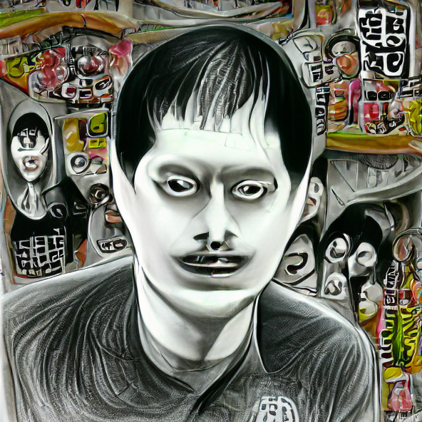 a black and white portrait by Junji Ito — initial image above, learning rate = 0.1