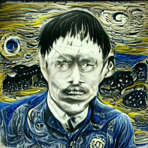 Starry Night by Vincent Van Gogh | a black and white portrait by Junji Ito — initial image above, learning rate = 0.1