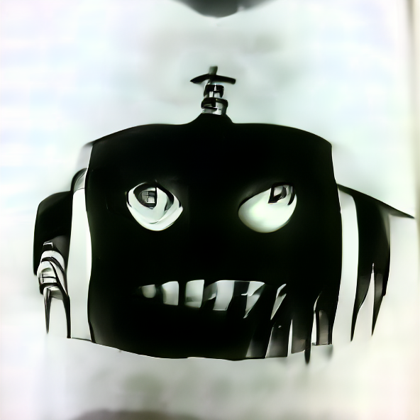 a black and white evil robot by Junji Ito — initial image above except 1.0 icon opacity and 0.0 background noice opacity, learning rate = 0.1