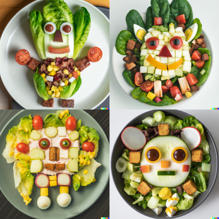 a Cobb salad in the shape of the robot emoji, professional food photography (DALL-E 2)