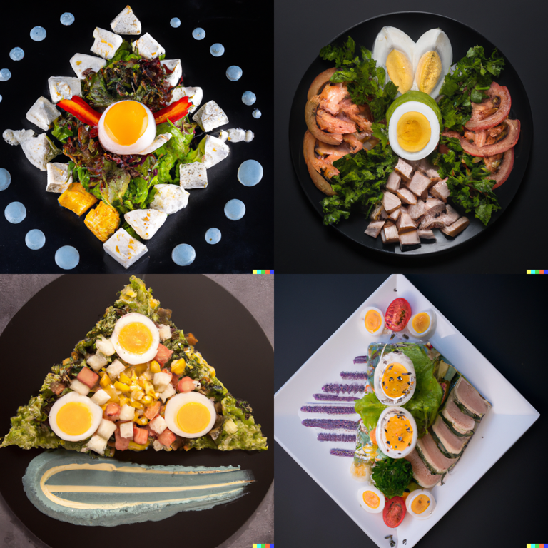 a Cobb salad in the shape of non-Euclidean geometry, professional food photography (DALL-E 2)