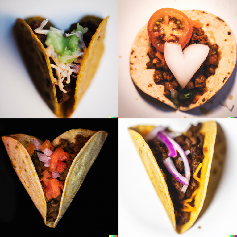 a taco in the shape of a heart, professional food photography (DALL-E 2)