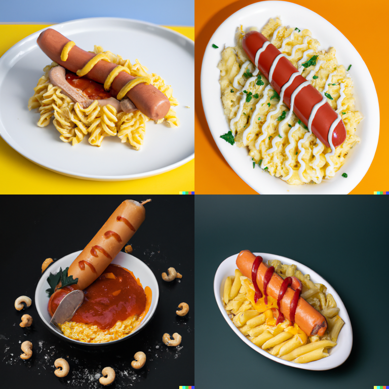 a hot dog in the shape of a pasta dish, professional food photography (DALL-E 2)