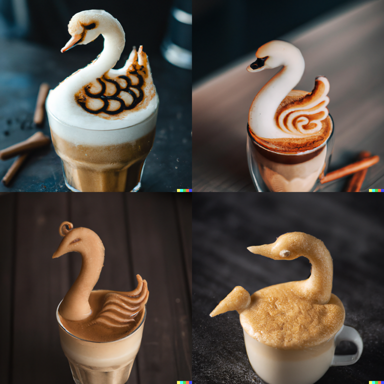 A Frappuccino in the shape of a swan, professional food photography (DALL-E 2)