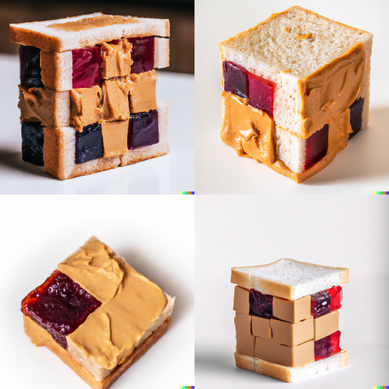 a peanut butter and jelly sandwich in the shape of a Rubik’s cube, professional food photography (DALL-E 2)