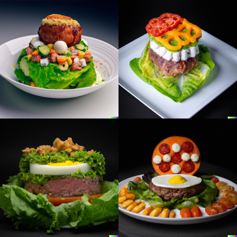 a Cobb salad in the shape of a hamburger, professional food photography (DALL-E 2)