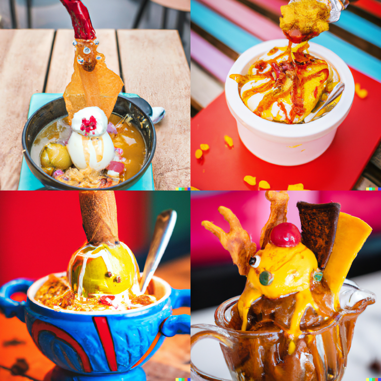 an ice cream sundae in the shape of curry, professional food photography (DALL-E 2)