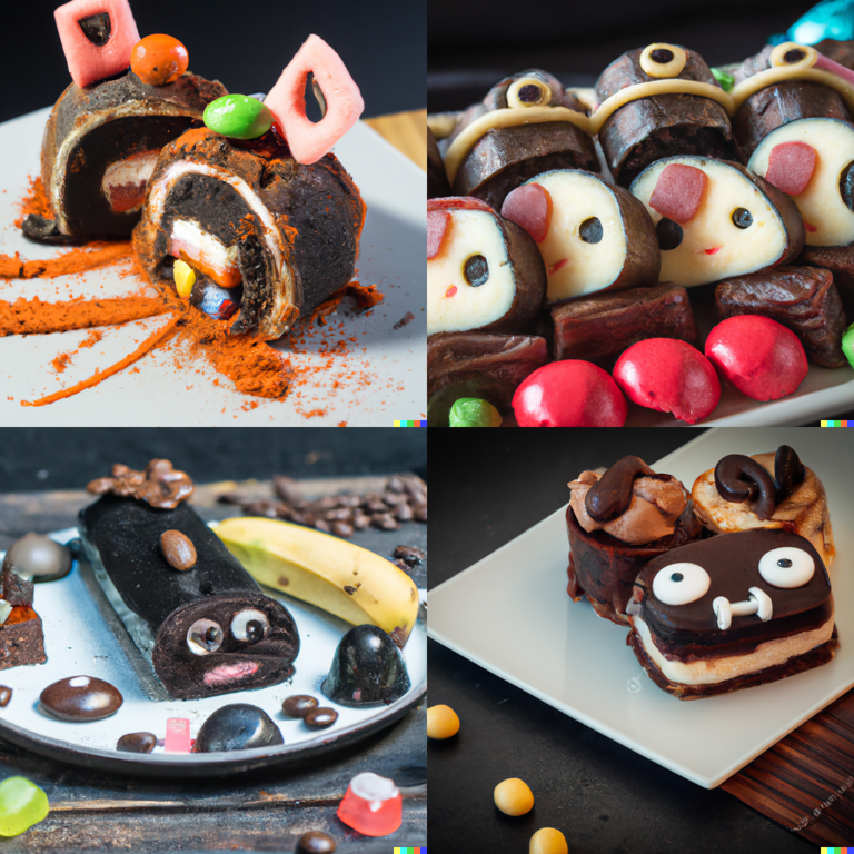 A chocolate cake in the shape of sushi, professional food photography (DALL-E 2)