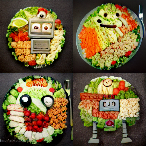 a Cobb salad in the shape of the robot emoji, professional food photography (DALL-E Mega, seed = 0)