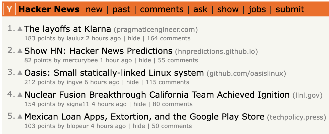 Hacker News frontpage on August 14th, 2022.