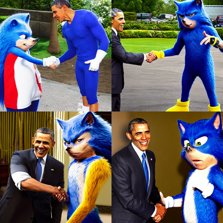 hyperrealistic &lt;ugly-sonic&gt; shakes hands with Barack Obama, via Stable Diffusion