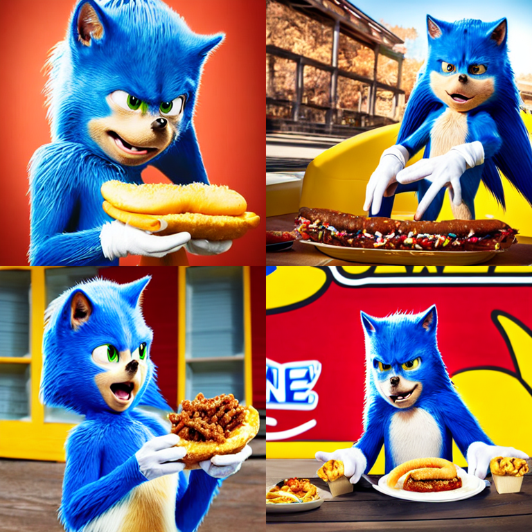 &lt;ugly-sonic&gt; sitting and eating a ((chili dog)), stock photo, via Stable Diffusion