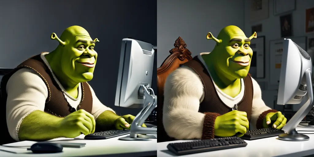 realistic human Shrek blogging at a computer workstation, hyperrealistic award-winning photo for vanity fair — Hands are better, lighting is better. Clothing is more detailed, and background is more interesting.