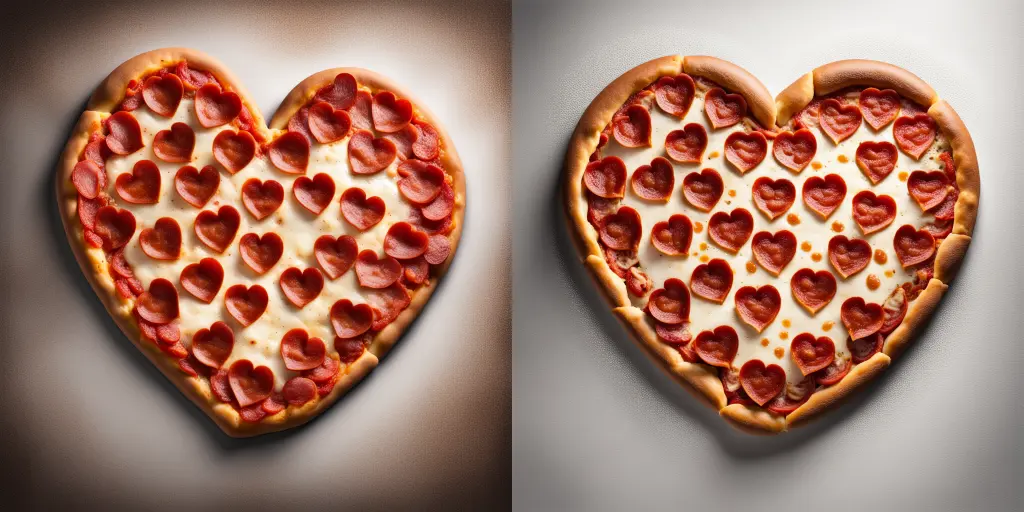 pepperoni pizza in the shape of a heart, hyperrealistic award-winning professional food photography — Pepperoni is more detailed and has heat bubbles, less extra pepperoni on the edges, crust is crustier (?)