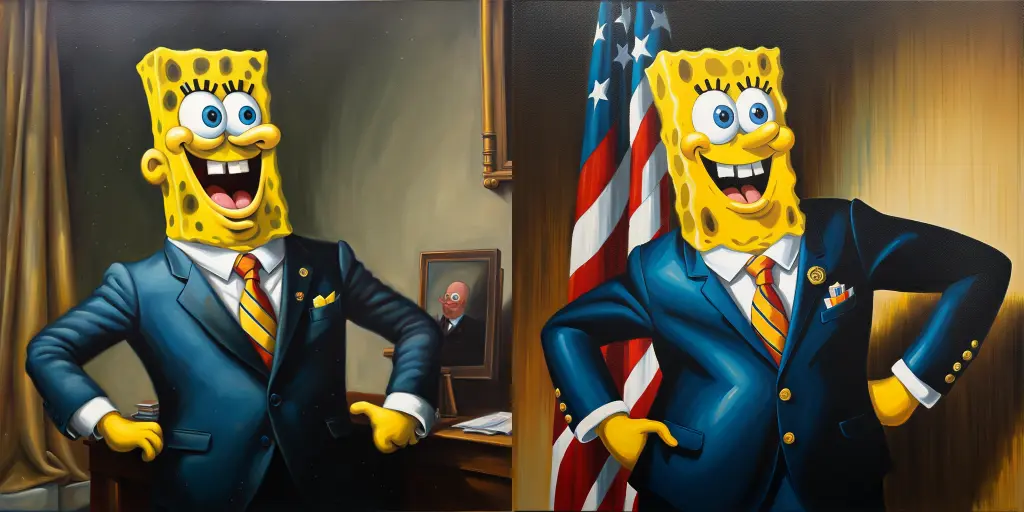 presidential painting of realistic human Spongebob Squarepants wearing a suit, (oil on canvas)+++++ — Spongebob has a nose again, and his suit has more buttons.