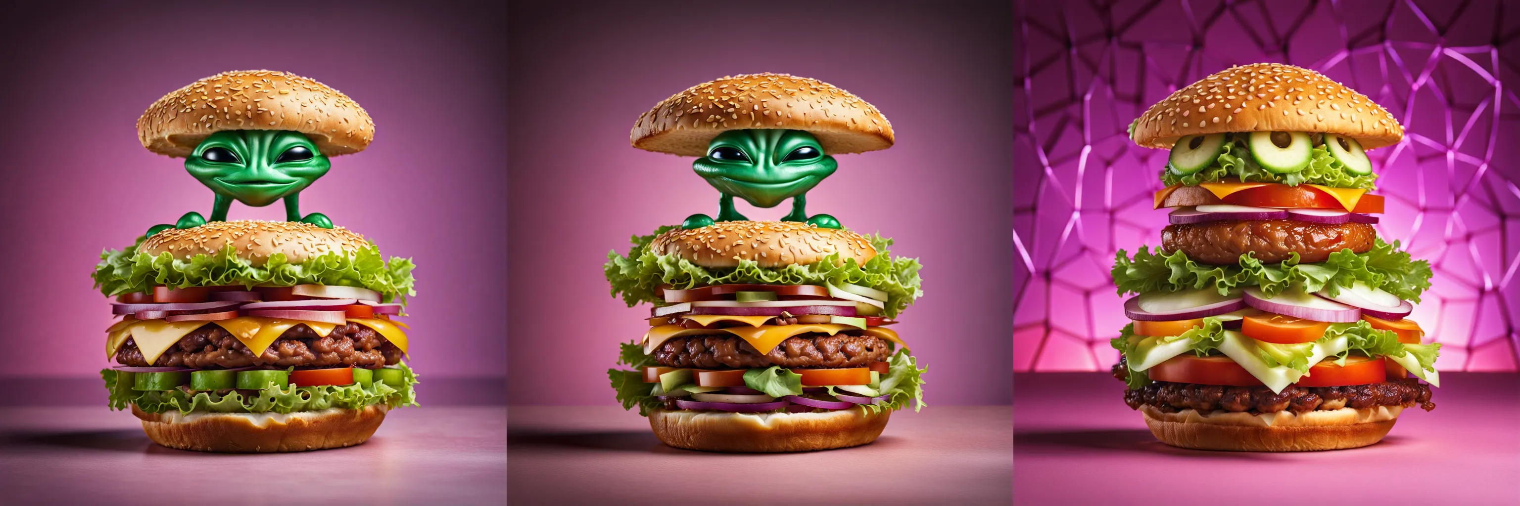 a large delicious hamburger (in the shape of five-dimensional alien geometry)++++, professional food photography