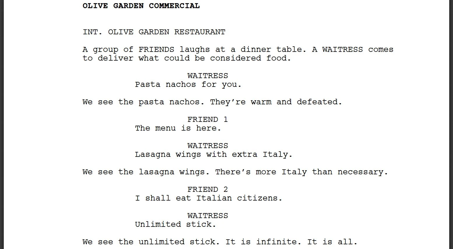 An excerpt of the viral Olive Garden script.