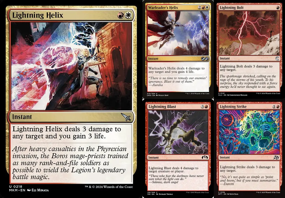 The most similar cards to Lightning Helix do have similar effects, although “Lightning” cards dealing damage is a common trope in Magic. Warleader’s Helix is a direct reference to Lightning Helix.