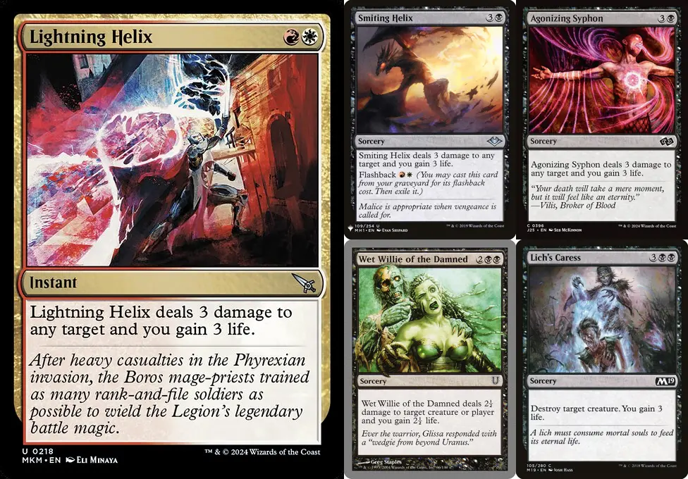 In this case, the similarity focuses on card text similarity, and these cards have near identical text. Smiting Helix is also a direct reference to Lightning Helix.