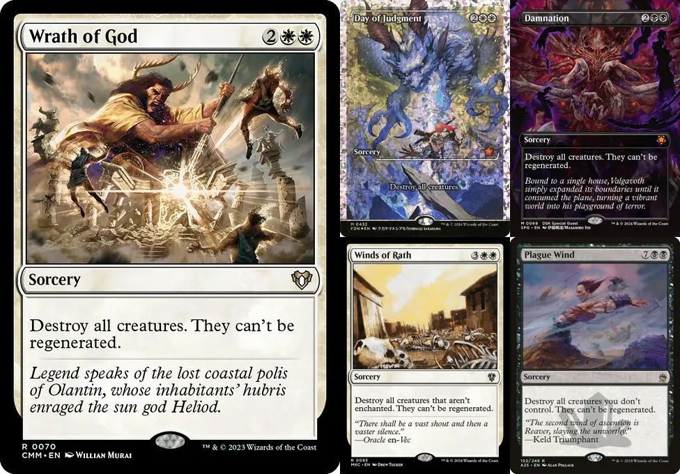 The iconic Magic card Wrath of God, along with its top four most similar cards identified using their respective embeddings. The similar cards are valid matches, with similar card text and card types.