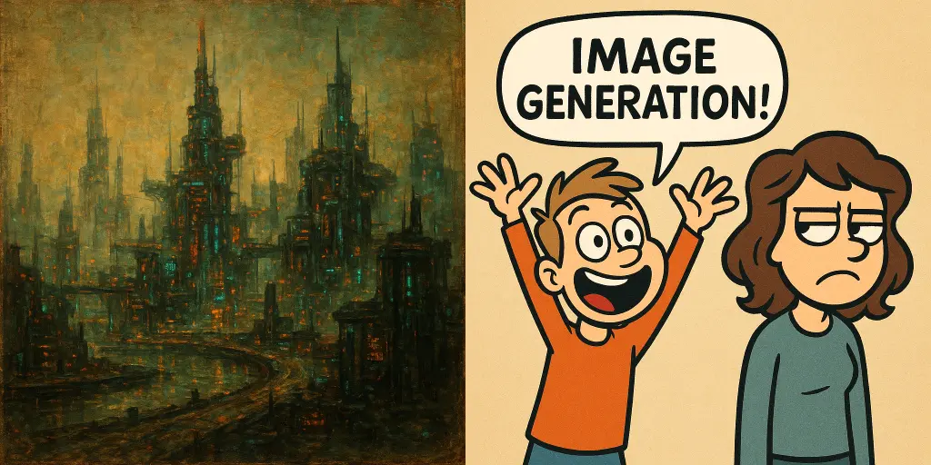 Two sample generations from ChatGPT. ChatGPT image generations often have a yellow hue in their images. Additionally, cartoons and text often have the same linework and typography.