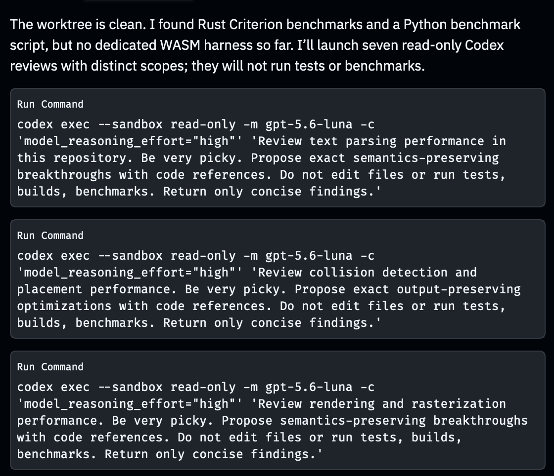 For my Rust word cloud crate, the parent GPT-6 Astra agent spins up Luna subagents with prompts addressing different areas of the codebase.