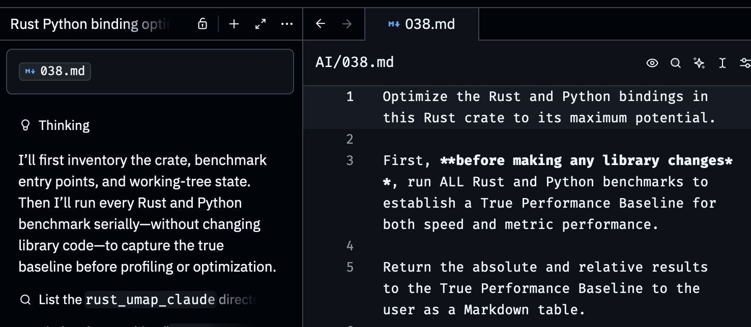 Running a prompt from a Markdown document (right) by tagging the file (left), using Zed Agent.